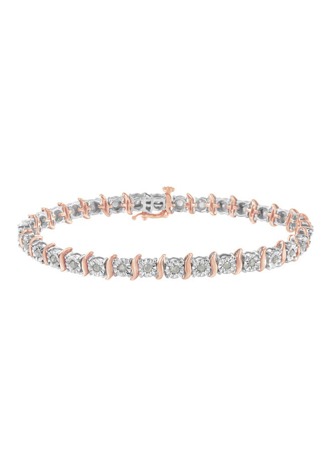 Two Tone Rose Gold Over Sterling Silver Diamond Scurve Link Miracleset Tennis Bracelet 8 inches, ROSE GOLD SILVER, hi-res image number null