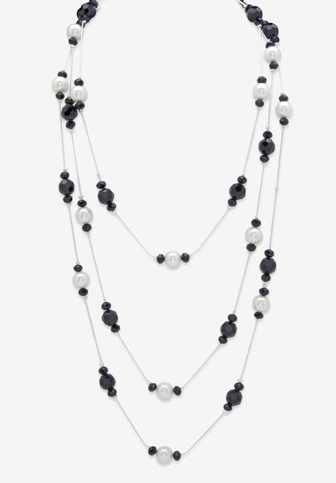 Simulated Black Onyx And Pearl Silvertone Beaded Multi-Strand Necklace 70", BLACK, hi-res image number null