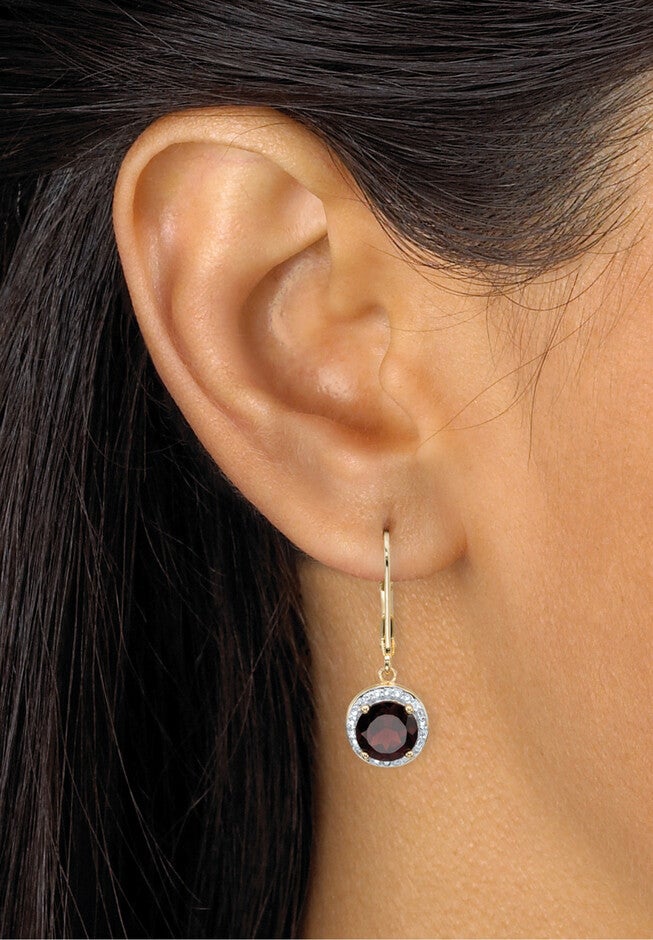 Gold Over Silver Halo Drop Earrings, Red Garnet And Diamond Accent Jewelry, , alternate image number null