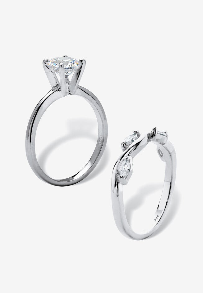 1.48 Cttw. Cubic Zirconia Sterling Silver 2-Pc. Solitaire Vine Bridal Ring Set, , on-hover image number null