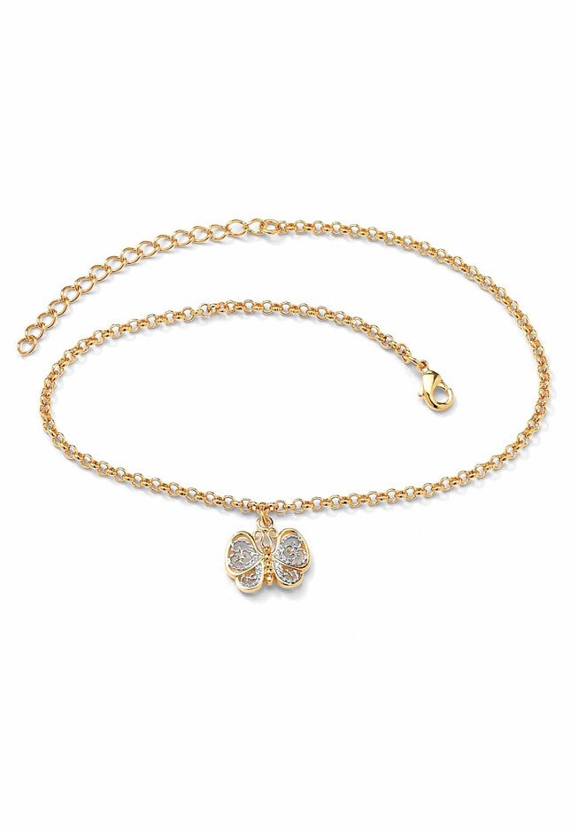 Gold-Plated Filigree Butterfly Two-Tone 9’ Ankle Bracelet 9 inches Plus Extender, , alternate image number 3