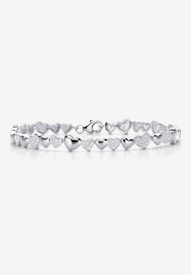 1/10 Cttw. Diamond Platinum Over Sterling Silver Heart-Link Bracelet 8 inches, DIAMOND, hi-res image number null