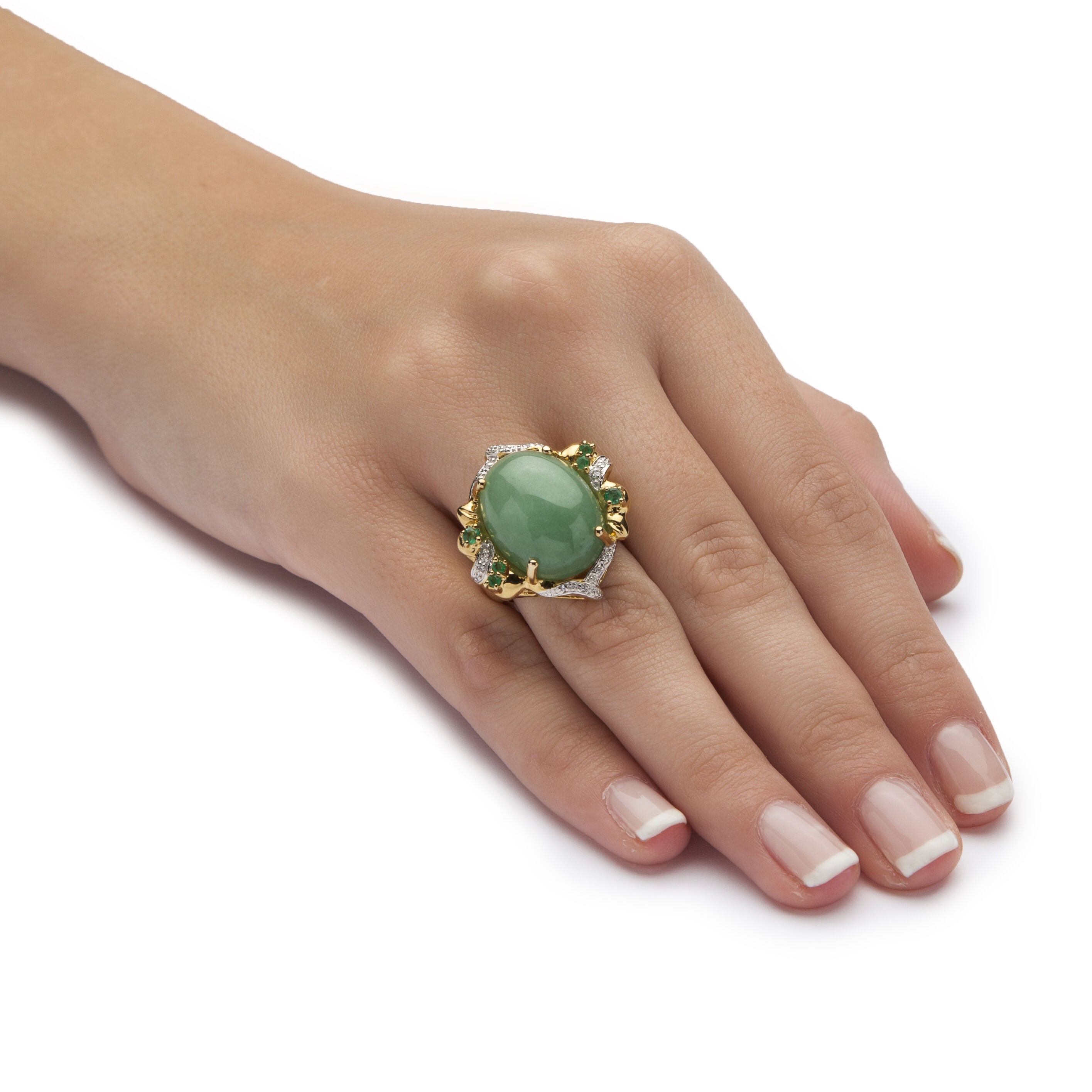 .28 TCW Emerald, CZ and Jade Ring in Gold-Plated .925 Sterling Silver, GREEN, alternate image number 2