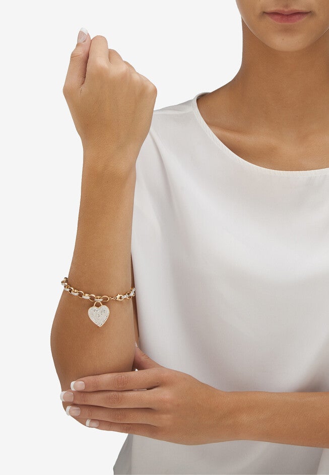 Diamond Accent 18K Gold-Plated Heart Charm Rolo-Link Bracelet 7.75 inches, , alternate image number null