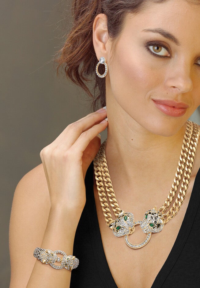 Gold Tone Leopard Collar Necklace, Earring and Bracelet Set, , alternate image number 2