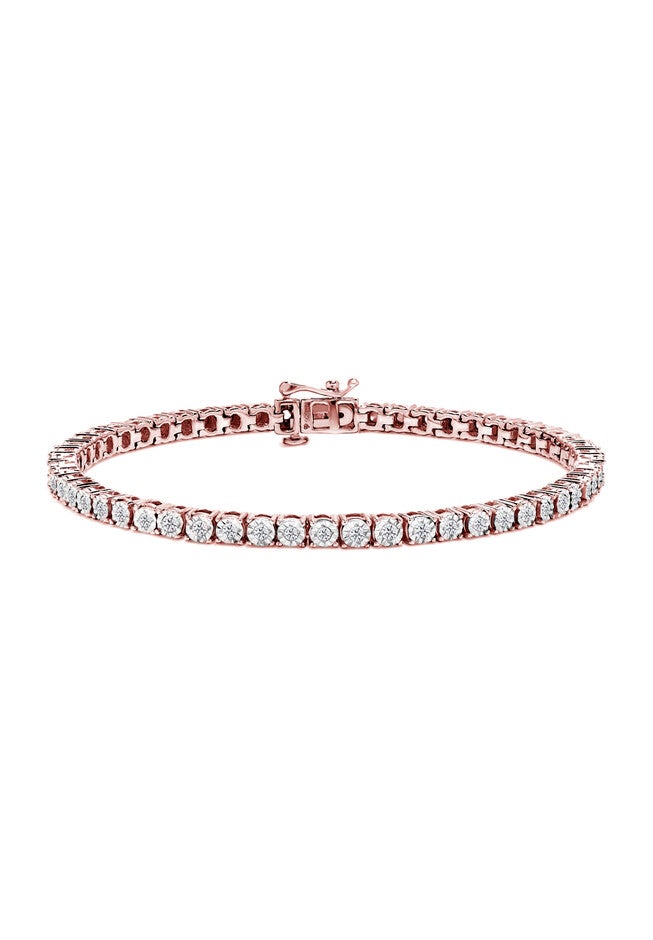 Rose Gold Plated Sterling Silver Miracleset Diamond Round Faceted Bezel Tennis Bracelet 7 inches, ROSE GOLD, hi-res image number null