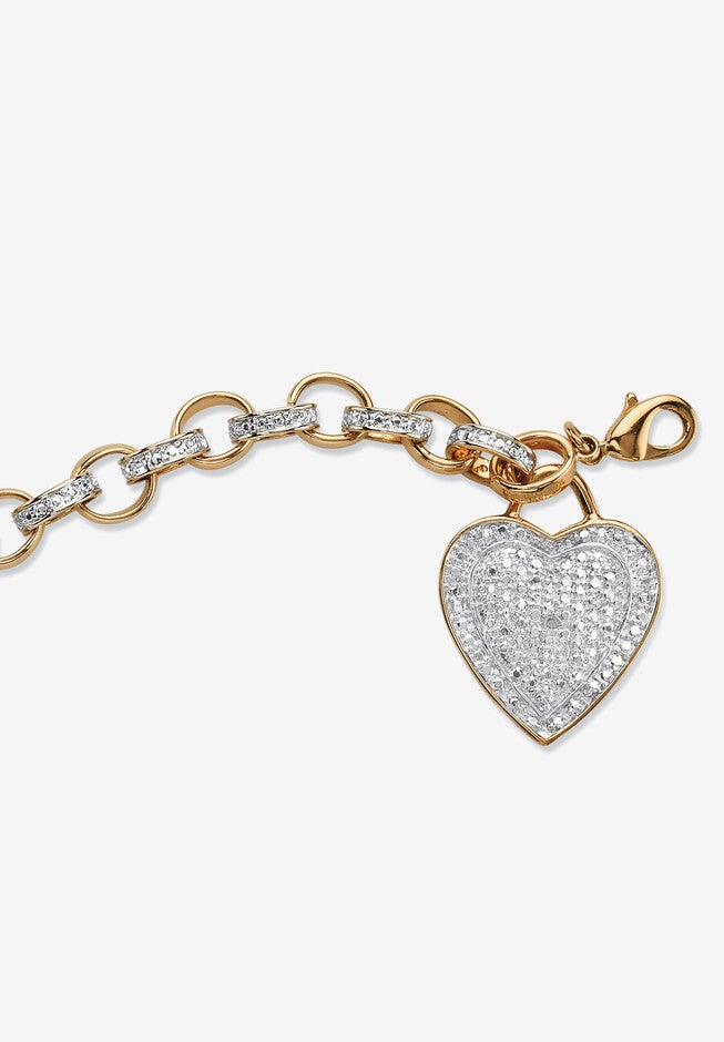 Diamond Accent 18K Gold-Plated Heart Charm Rolo-Link Bracelet 7.75 inches, , alternate image number null