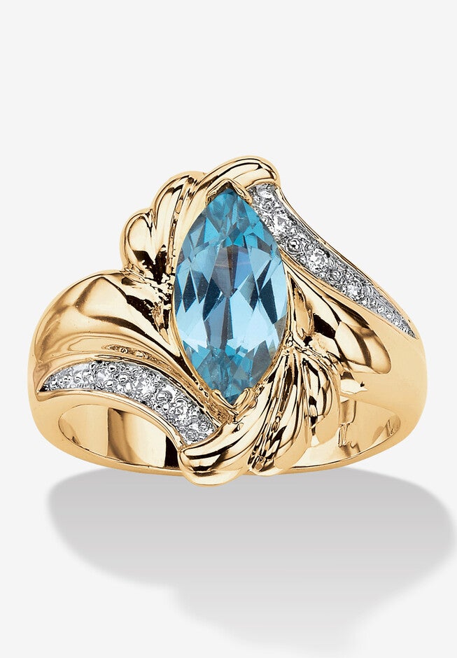 2.05 Tcw Marquise-Cut Aqua Cubic Zirconia Gold-Plated Bypass Cocktail Ring, GOLD, hi-res image number null