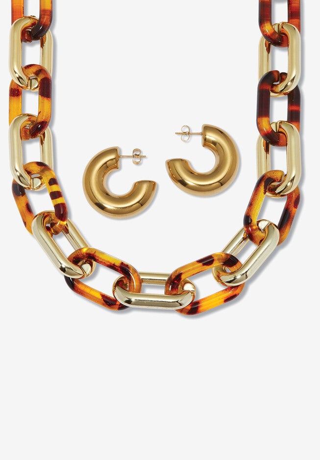 Acrylic Link Necklace Black and Gold Ion-Plated Stainless Steel Earrings Set, GOLD TORTOISESHELL, hi-res image number 0