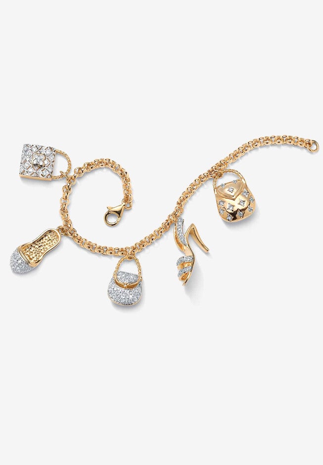 Goldtone Cubic Zirconia Charm Bracelet, 7.5 inches with .5 inches extender, GOLD, hi-res image number null