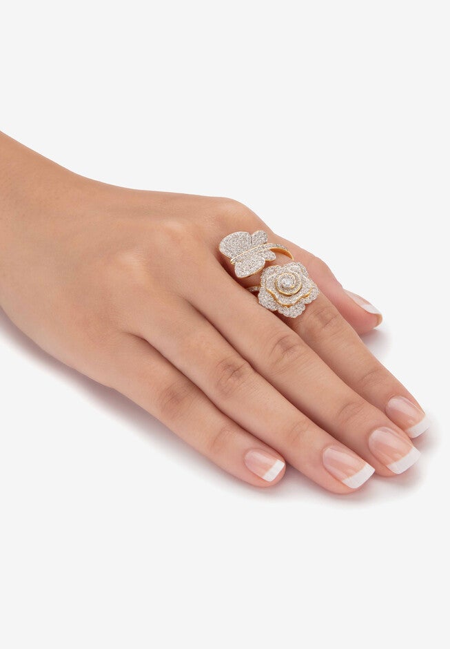 Gold Plated Round Cubic Zirconia Rose And Butterfly Cocktail Wrap Ring, , alternate image number null