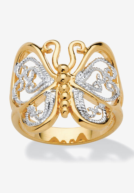 Yellow Gold Plated Two Tone Filigree Butterfly Ring, GOLD, hi-res image number null