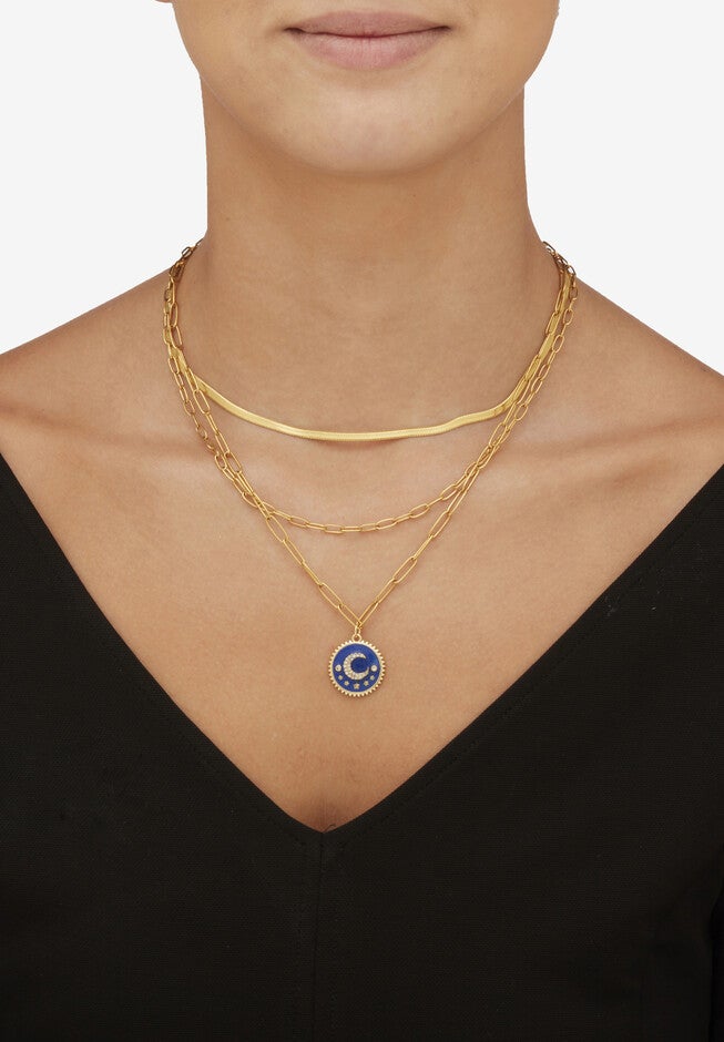 Yellow Gold Ion-Plated Stainless Steel 3-Strand Layered Necklace Set With Celestial Pendant, , alternate image number null