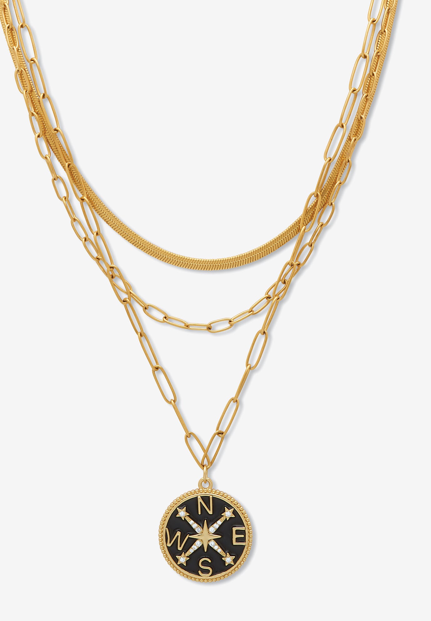 Yellow Gold Ion-Plated Stainless Steel 3-Strand Layered Necklace Set With Compass Pendant, GOLD, hi-res image number 0