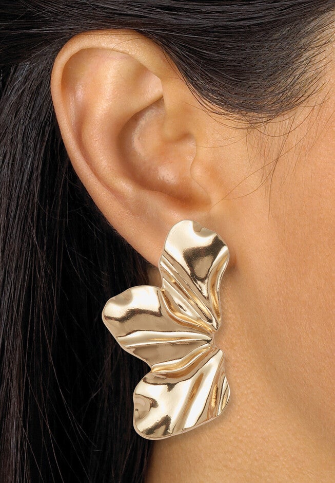 Goldtone Sculptural Floral Drop Earrings And Dome Earrings Set, , alternate image number null