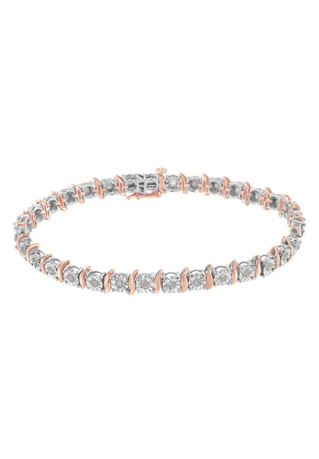 Two Tone Rose Gold Over Sterling Silver Diamond Scurve Link Miracleset Tennis Bracelet 8 inches, , on-hover image number null