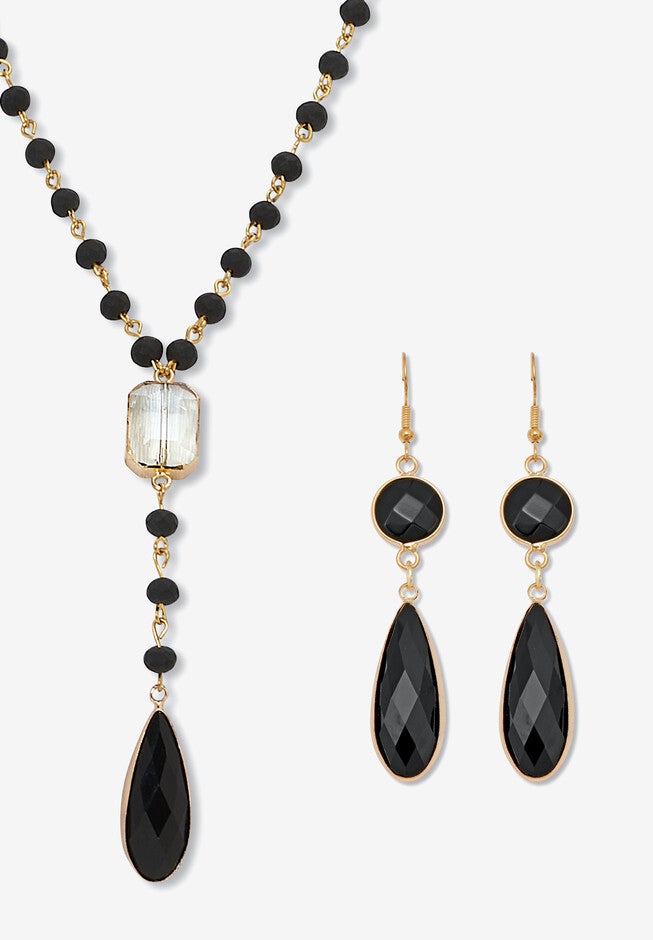 Black Crystal Goldtone Drop Necklace And Crystal Earrings, 2-Piece Set, BLACK GOLD, hi-res image number null