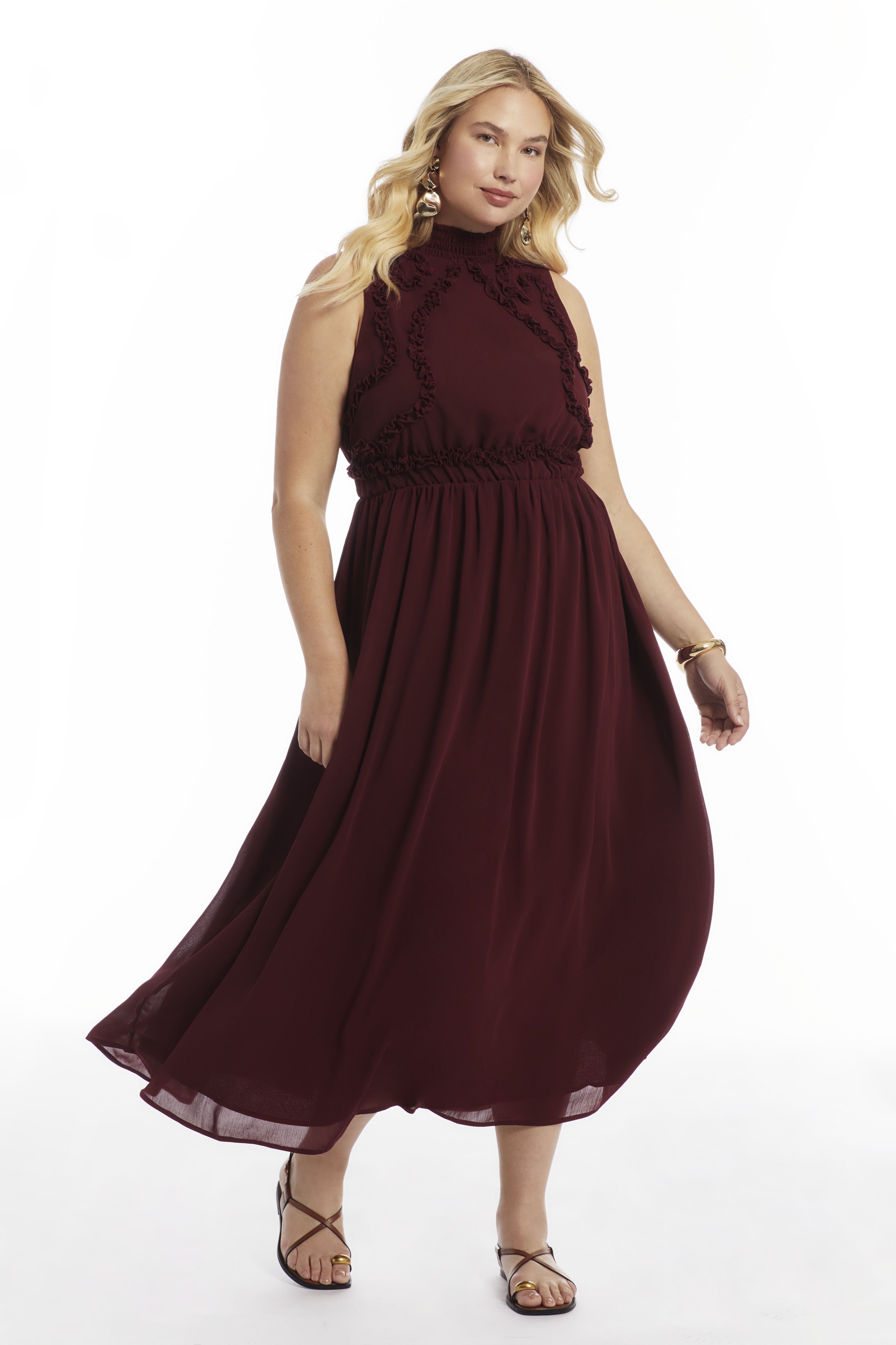 Ruffle Detail Maxi Dress, CABERNET, on-hover image number 1