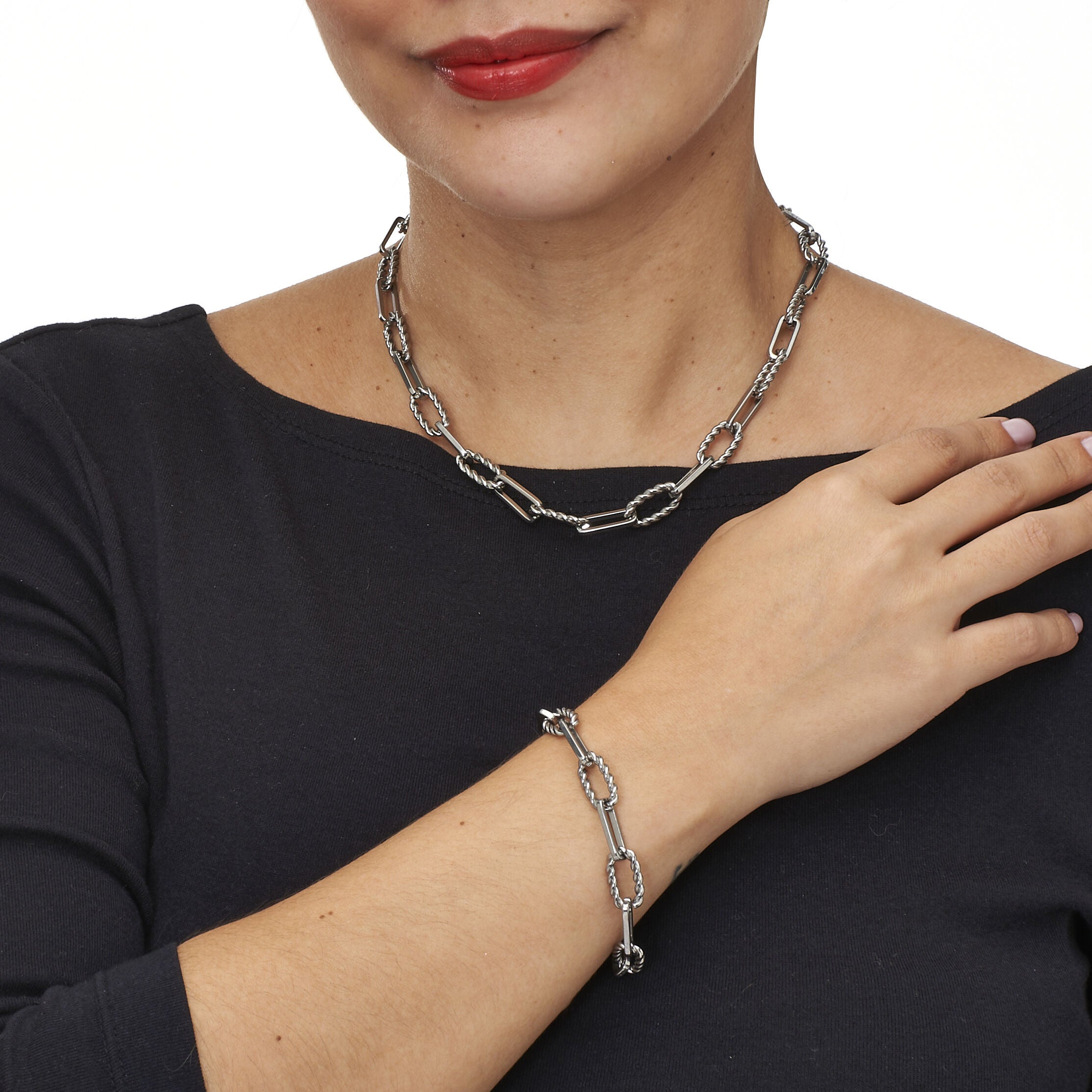 Necklace and Bracelet Stainless Steel Paperclip Chain Jewelry Set, SILVER, alternate image number 2