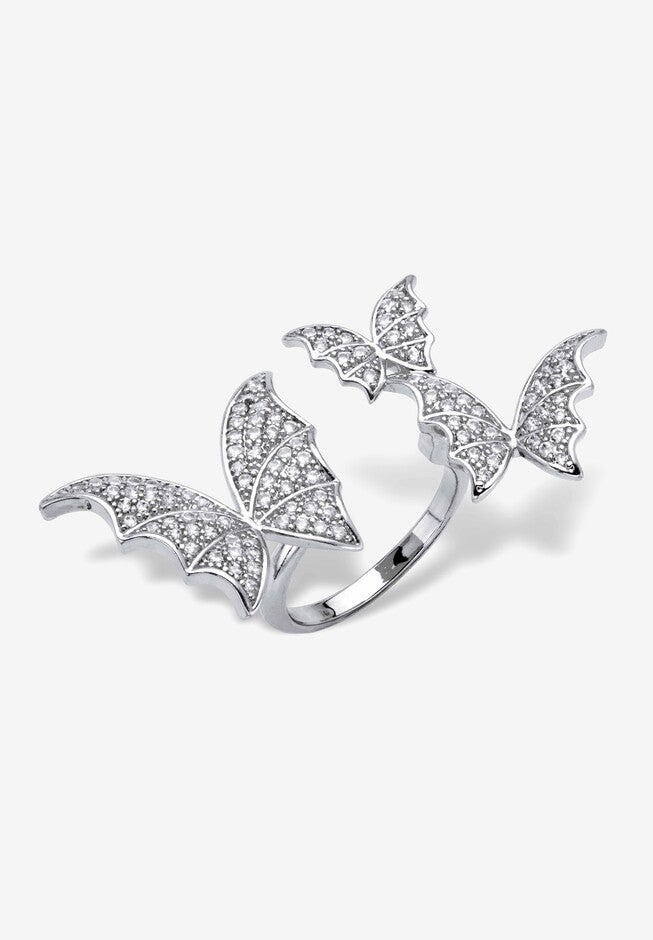 Silvertone Round Crystal Adjustable Butterfly Ring, , alternate image number null