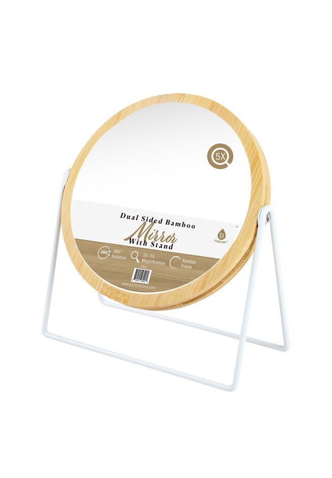Dual Sided Mirror With Bamboo Frame • 360° Rotation • 5X/ 1X Magnification, O, hi-res image number null