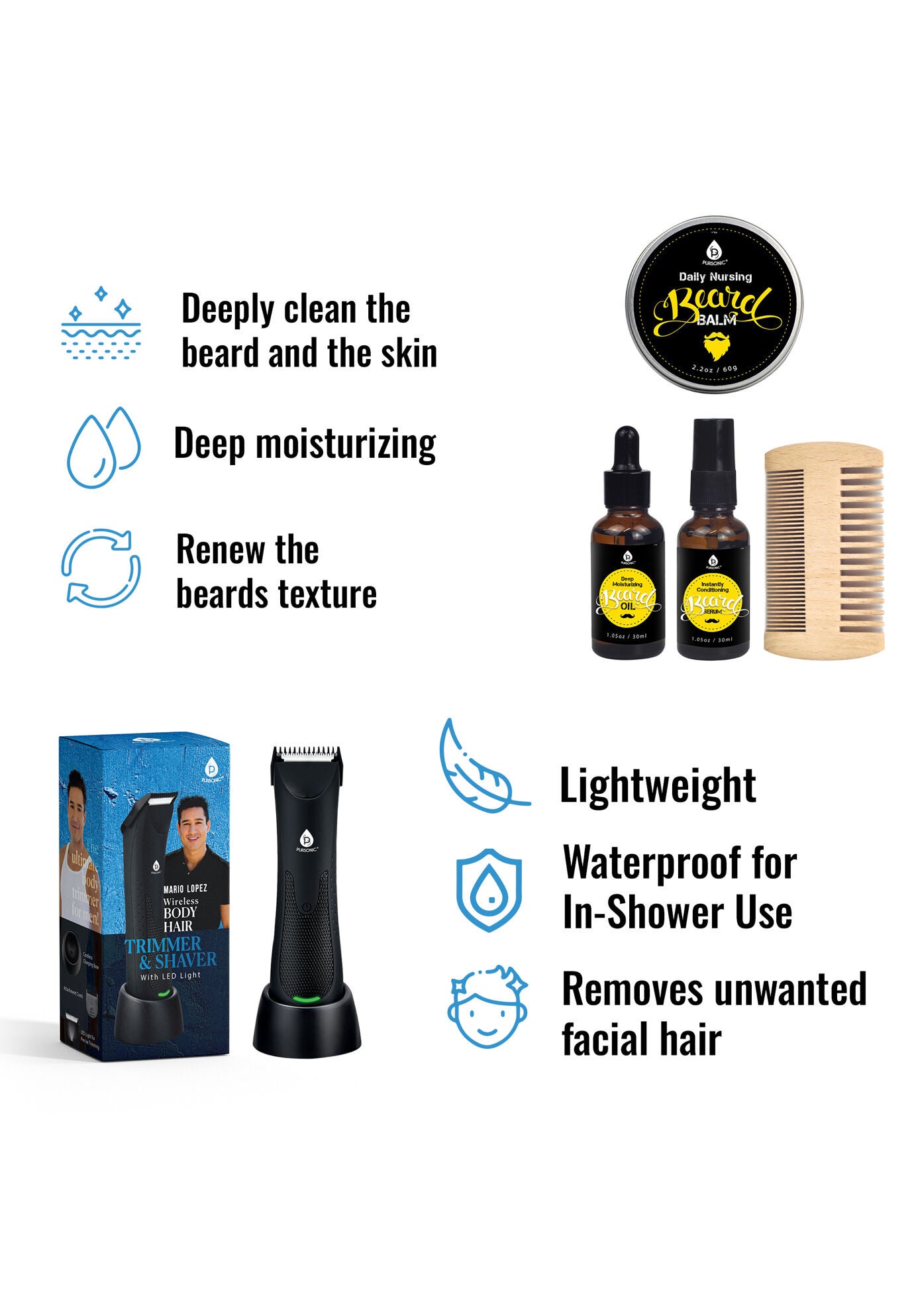 Mario Lopez Wireless Body Hair Trimmer & Shaver And Beard Care Grooming Kit Bundle, , on-hover image number 1