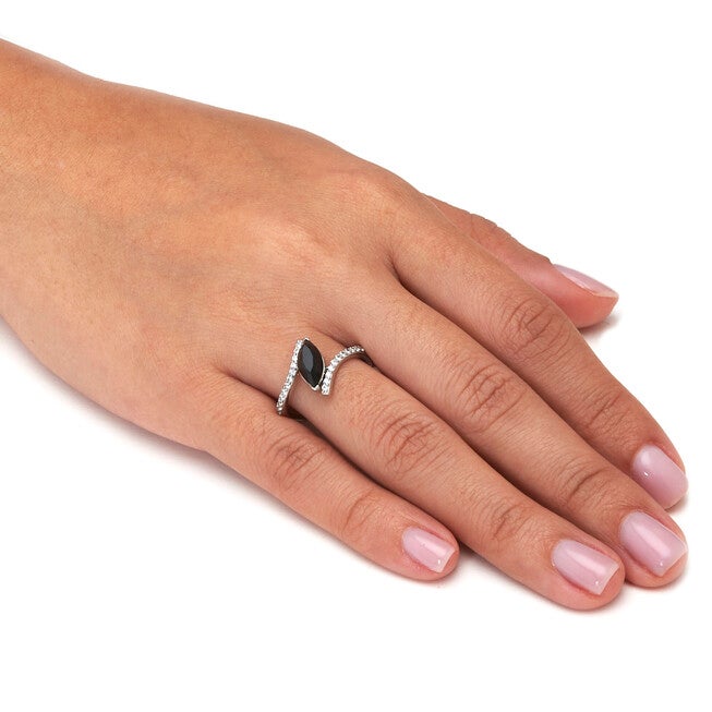 Marquise Genuine Onyx and Cubic Zirconia Silvertone Ring, BLACK, alternate image number null