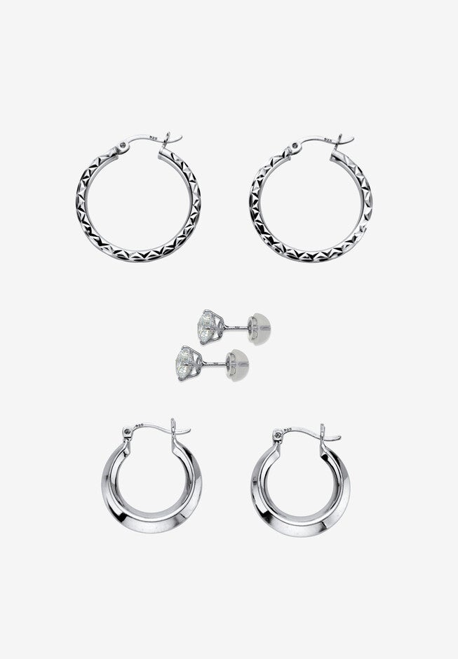 Sterling Silver 3 Piece Stud Earrings & Hoop Set (1 Cttw ) (17.5Mm) (25Mm), , on-hover image number null