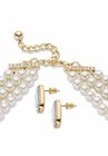 Gold Tone Simulated Pearl Bib 17" Necklace Set with Emerald Cut Crystals, , on-hover image number null