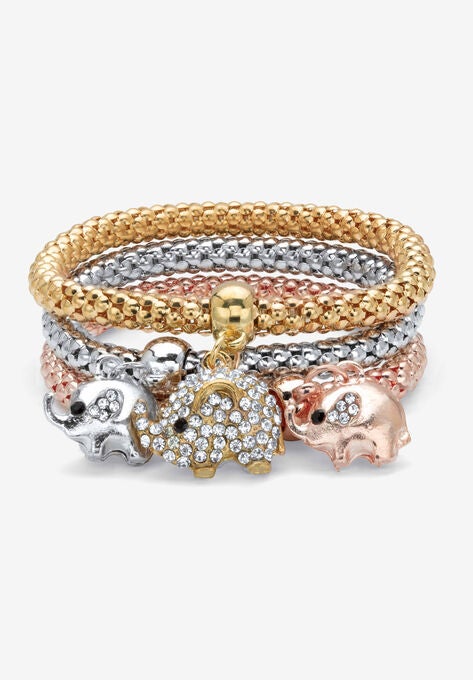 Gold Tone Crystal Elephant 8.5" Charm Stretch Bracelet Set, CRYSTAL GOLD, hi-res image number null
