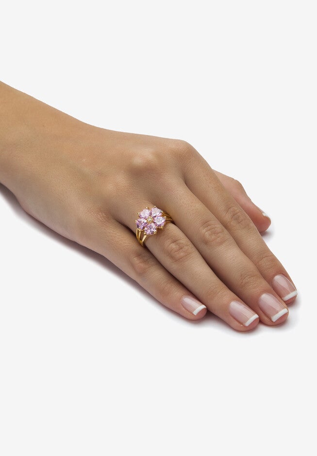 Yellow Gold-Plated Heart Shaped Flower Petals Ring Pink Cubic Zirconia Jewelry, , alternate image number null