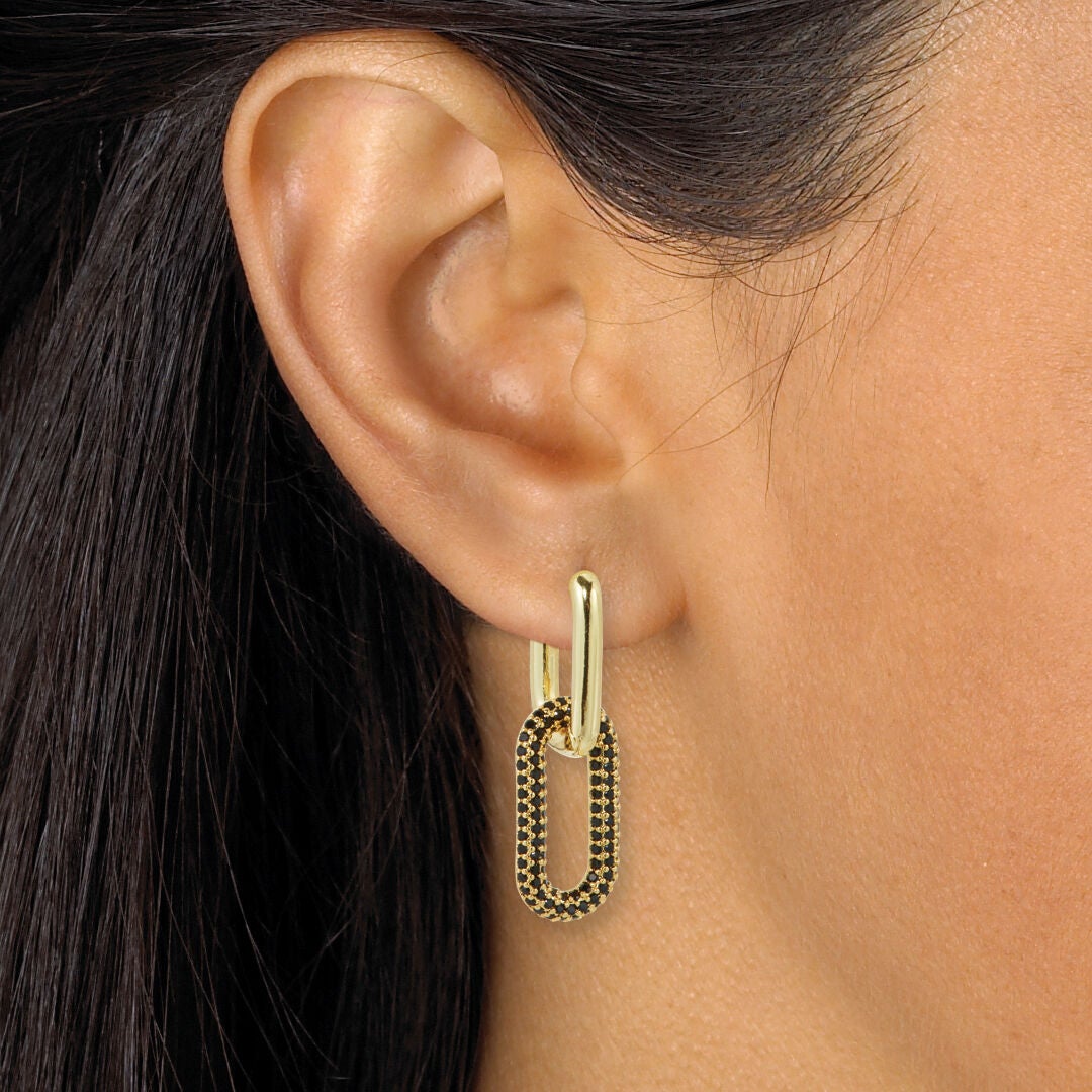 Round Black Crystal Goldtone Oval Link Drop Earrings, BLACK, alternate image number 2