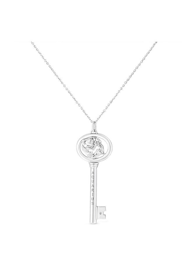 Sterling Silver Diamond Accent Aquarius Zodiac Key Pendant Necklace, , on-hover image number null