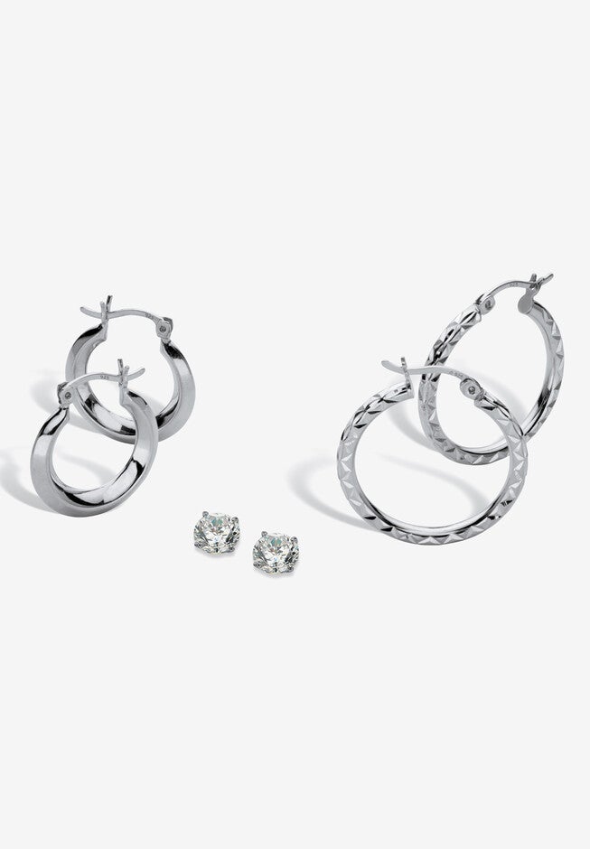 Sterling Silver 3 Piece Stud Earrings & Hoop Set (1 Cttw ) (17.5Mm) (25Mm), SILVER, hi-res image number null