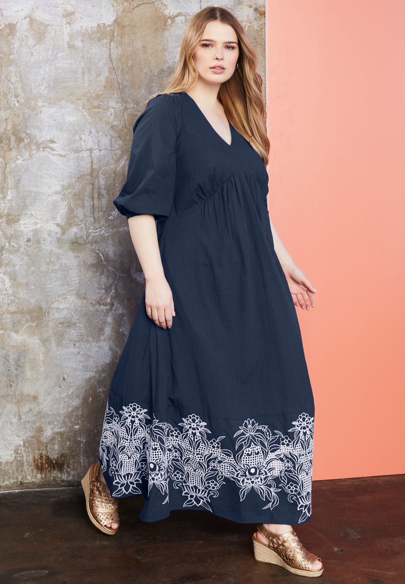 Eyelet-Trim V-Neck Maxi Dress, NAVY LOTUS OPEN, hi-res image number 0
