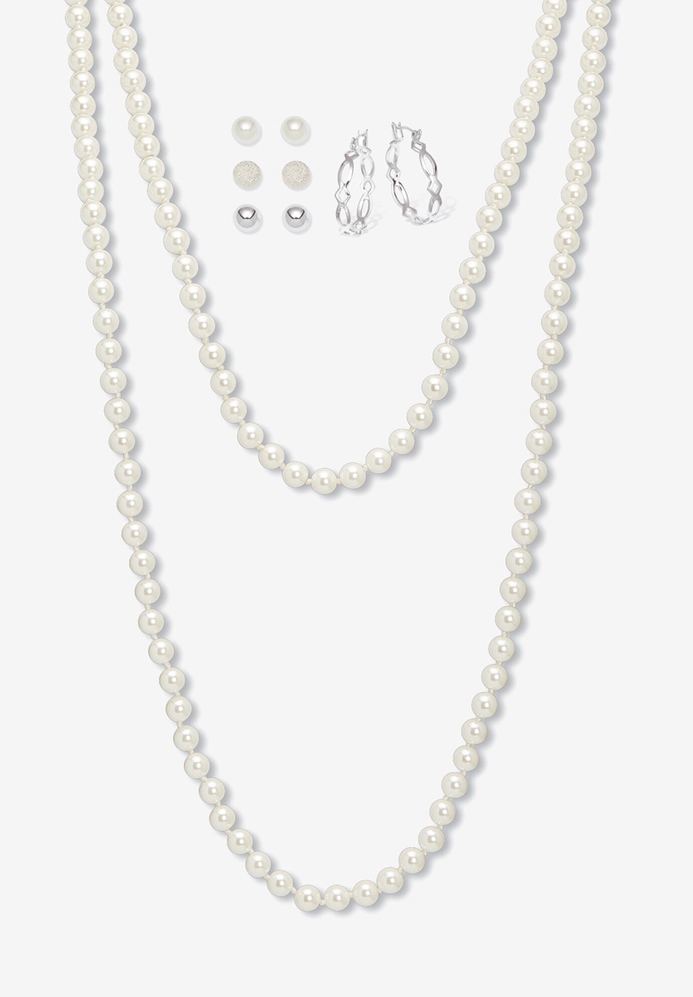 Simulated Pearl Silvertone Endless Necklace And Earrings Set, 70 Inches, SILVER, hi-res image number 0
