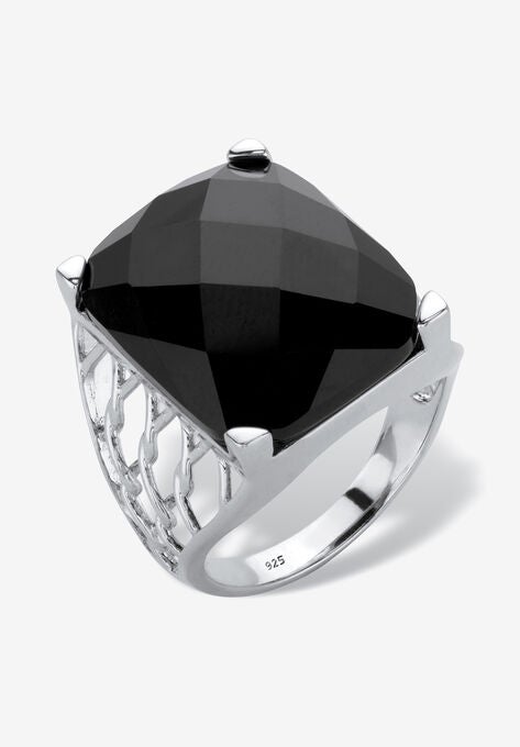 Sterling Silver Natural Black Onyx Checkerboard Cut Ring, , alternate image number null