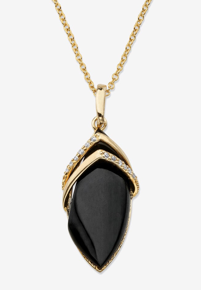 Yellow Gold-Plated Marquise Shaped Onyx And Cubic Zirconia Pendant Jewelry, ONYX, hi-res image number 0