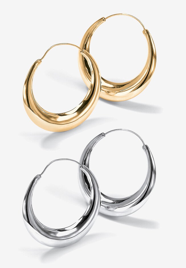 Gold-Plated And Sterling Silver Polished Puffed Hoop Earring Set 1 7/8 Inch, , on-hover image number null