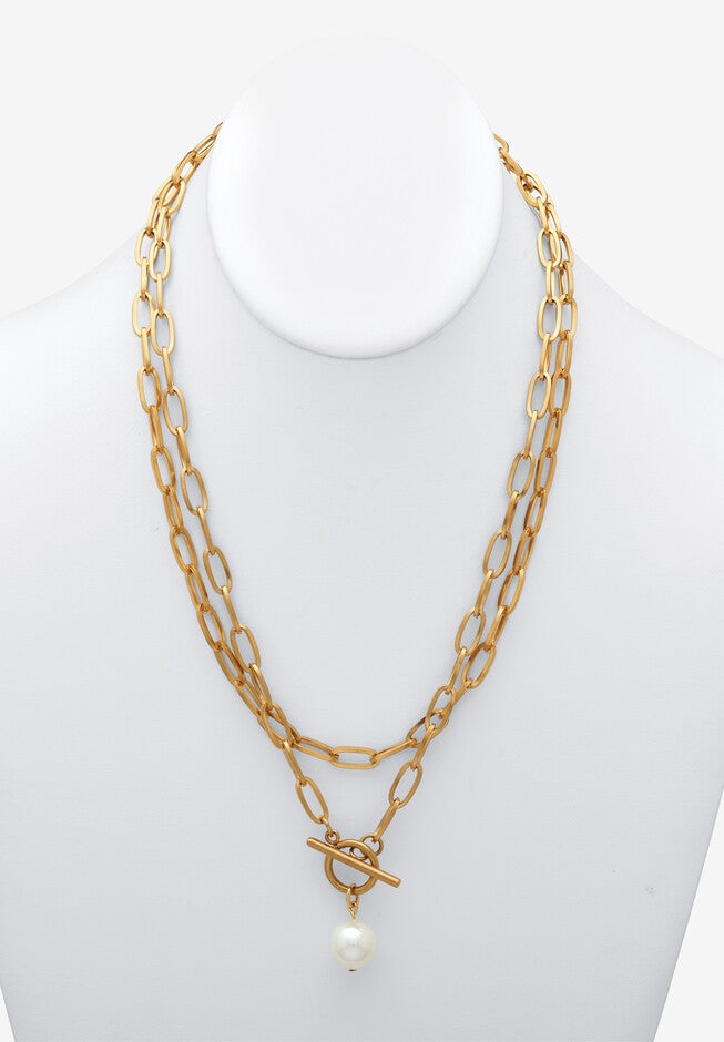 Simulated Pearl Gold Ion-Plated Stainless Steel Paperclip Necklace Set 18 Inch, , alternate image number null
