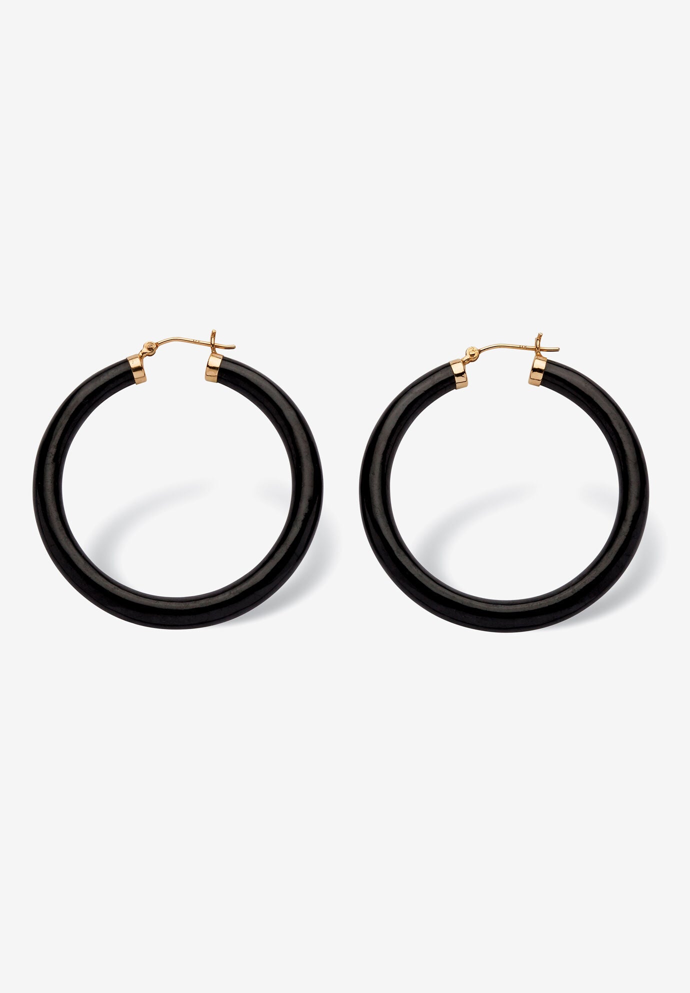 Genuine Black Jade Hoop Earrings In 14K Yellow Gold, , on-hover image number 1
