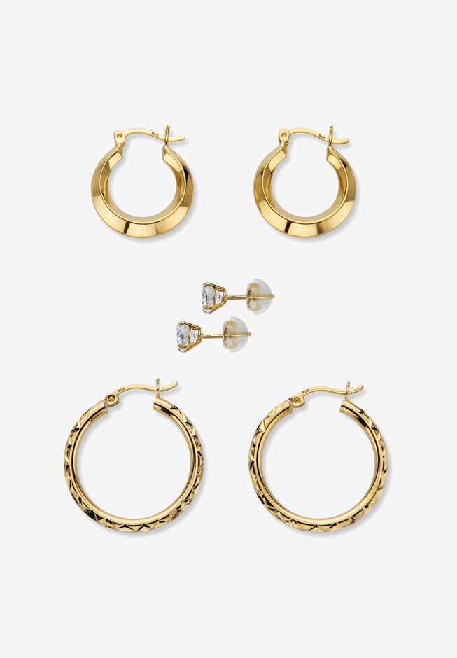 Yellow Gold Plated Sterling Silver 3 Piece Earring Set (1 Cttw ) (17.5Mm) (25Mm), , on-hover image number null