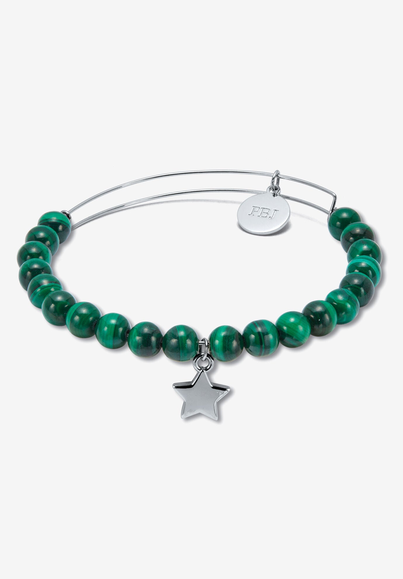 Genuine Green Malachite Silvertone Star Charm Bangle, 7.5 Inches, GREEN, hi-res image number 0