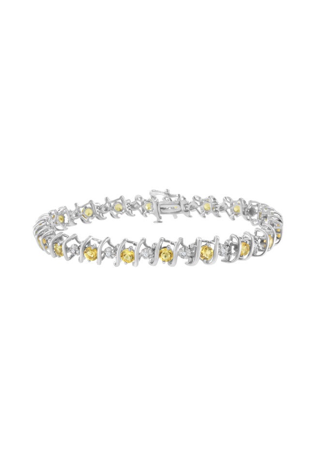 Sterling Silver Gemstone & Round Diamond Tennis Bracelet Citrine November Birthstone, WHITE, hi-res image number 0
