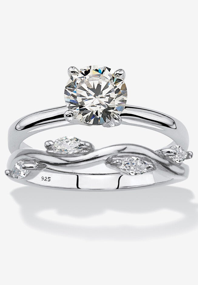 1.48 Cttw. Cubic Zirconia Sterling Silver 2-Pc. Solitaire Vine Bridal Ring Set, SILVER, hi-res image number null
