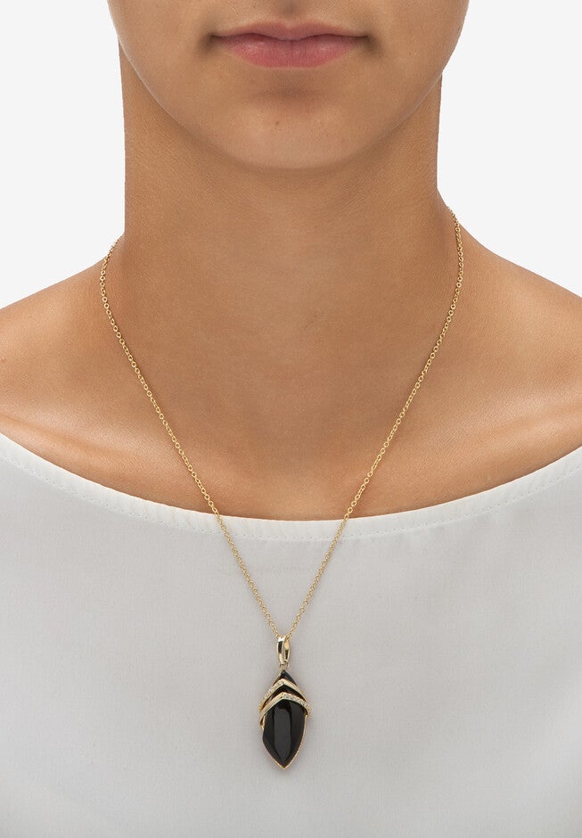 Yellow Gold-Plated Marquise Shaped Onyx And Cubic Zirconia Pendant Jewelry, , alternate image number 2