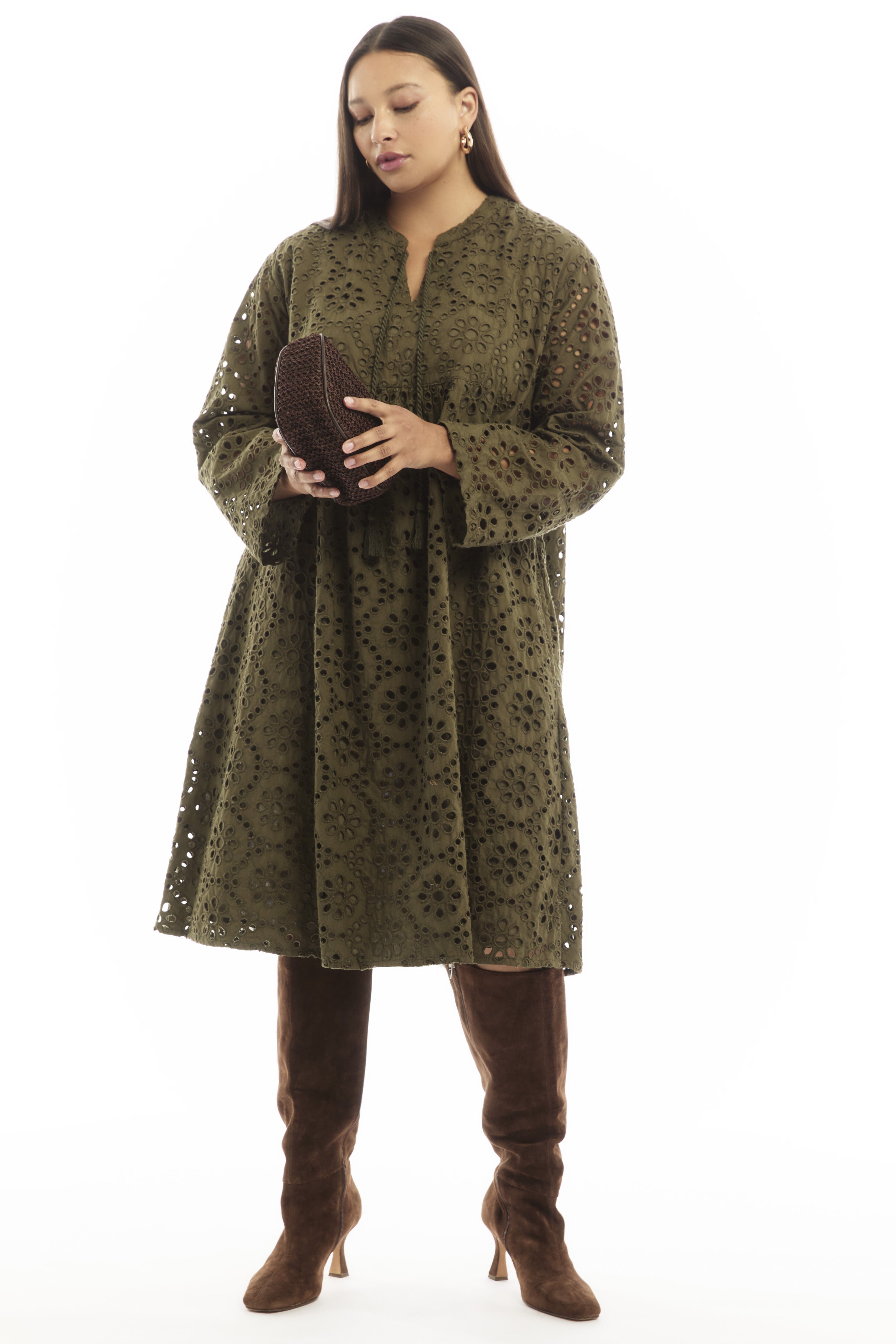 Eyelet Shirtdress, DARK OLIVE GREEN, hi-res image number 0