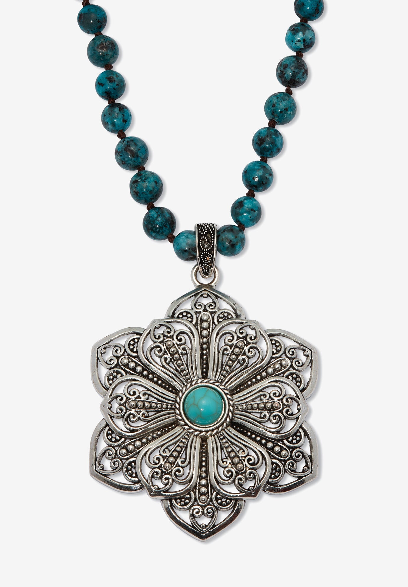 Round Genuine Jasper And Simulated Turquoise Silvertone Flower Necklace 34-Inch, BLUE BROWN, hi-res image number 0
