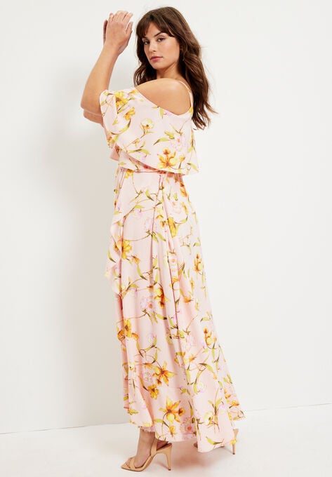 Cold-Shoulder Faux-Wrap Maxi Dress, , alternate image number null