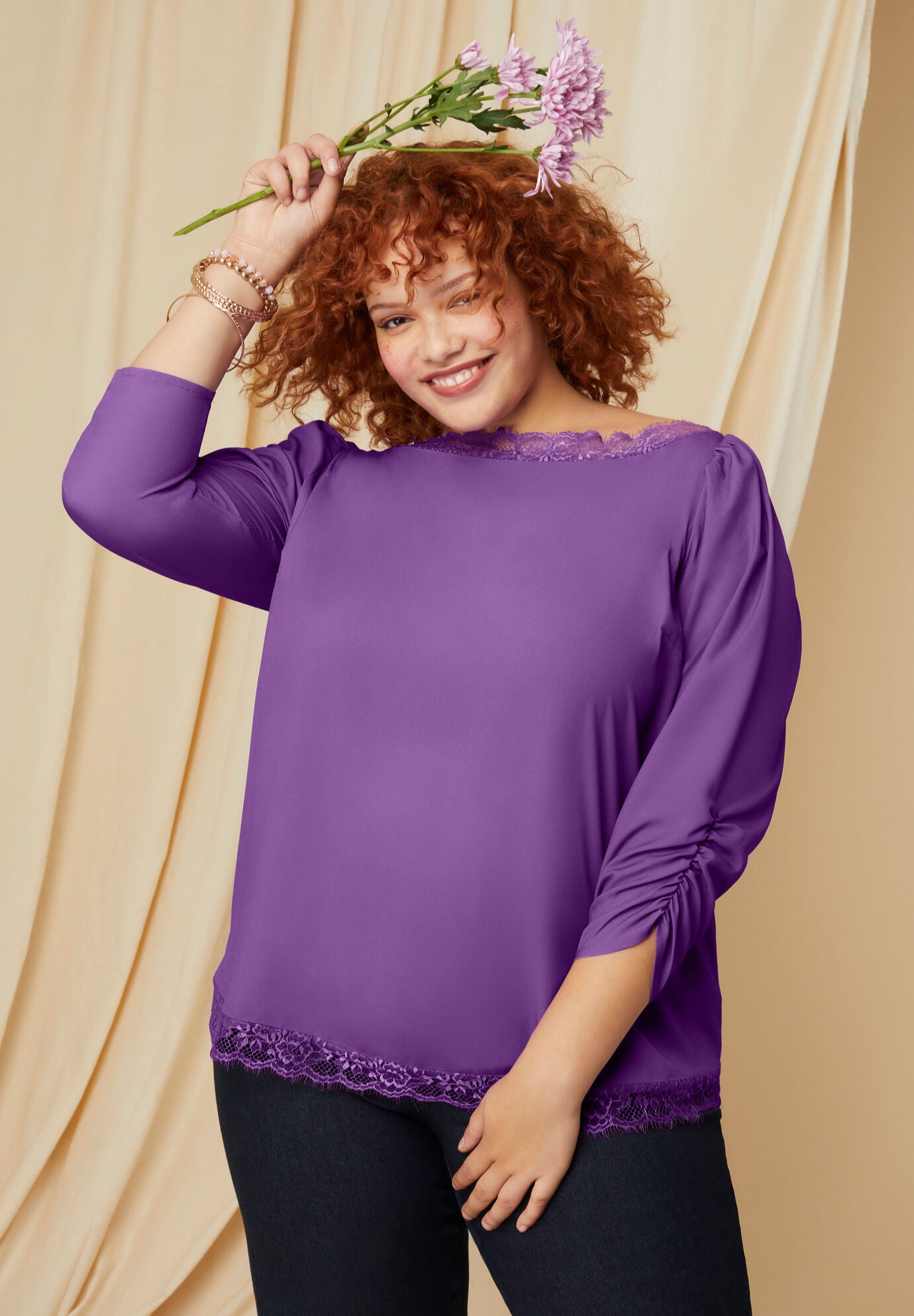 Eyelash-Lace-Trim Boatneck Top, BRIGHT VIOLET, hi-res image number 0